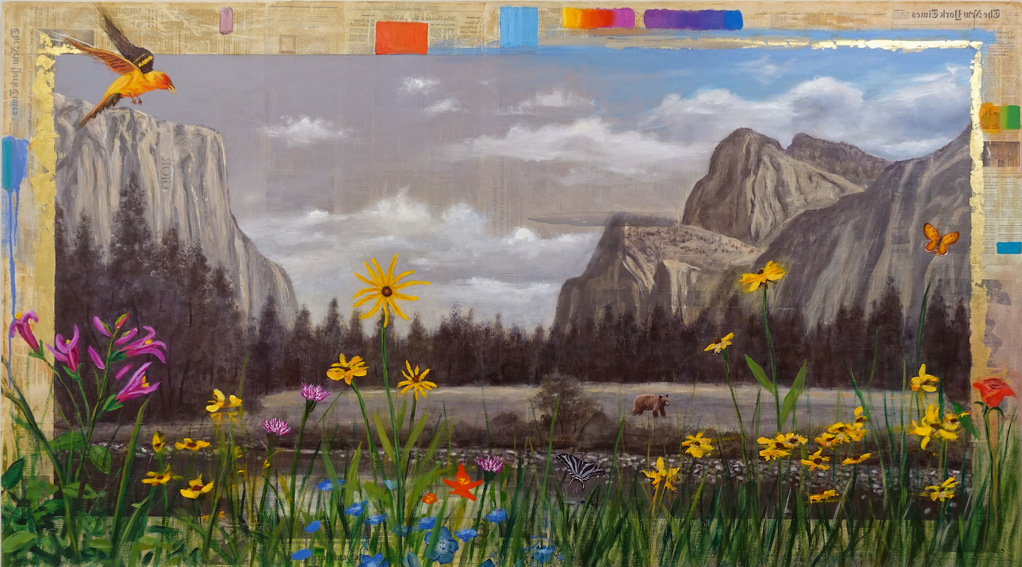 Old News: Yosemite by Adam Straus, 48 x 86 inches, Oil on newspaper on canvas, 2017